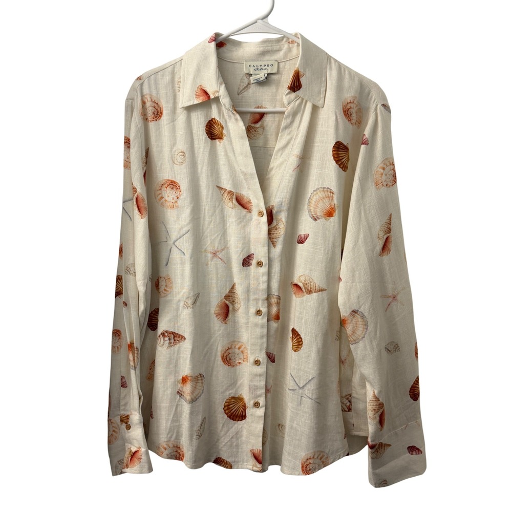 Calypso St. Barth Linen Blend Seashell Starfish Button Down Shirt Cream Large
